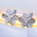 Silver Tone Crystal Clover Stud Earrings with Layered Petals view 2