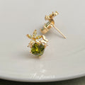 Gold Tone Olive Green Square Stone Flower Butterfly Stud Earrings view 3