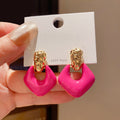 Fuchsia Open Diamond Drop Earrings With Gold Tone Studs view 4