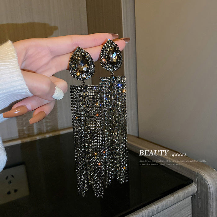 Three Color Teardrop Crystal Long Tassel Statement Earrings