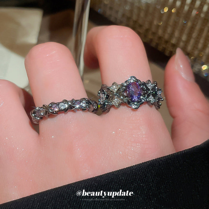 Gunmetal Purple Crystal Open Rings Oval Star Thin Band