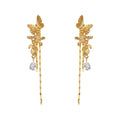 Gold Tone Butterfly Branch Clear Teardrop Long Chain Earrings view 5