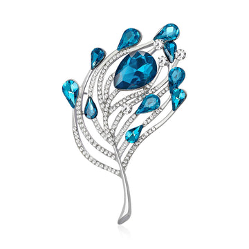 Silver Leaf Glass Teardrop Brooch Rhinestone Feather Pin