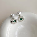 Silver Tone White Pearl Top Green Oval Medallion Drop Earrings view 1