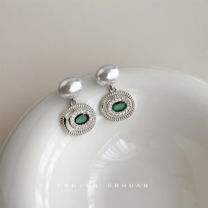 Silver Tone White Pearl Top Green Oval Medallion Drop Earrings