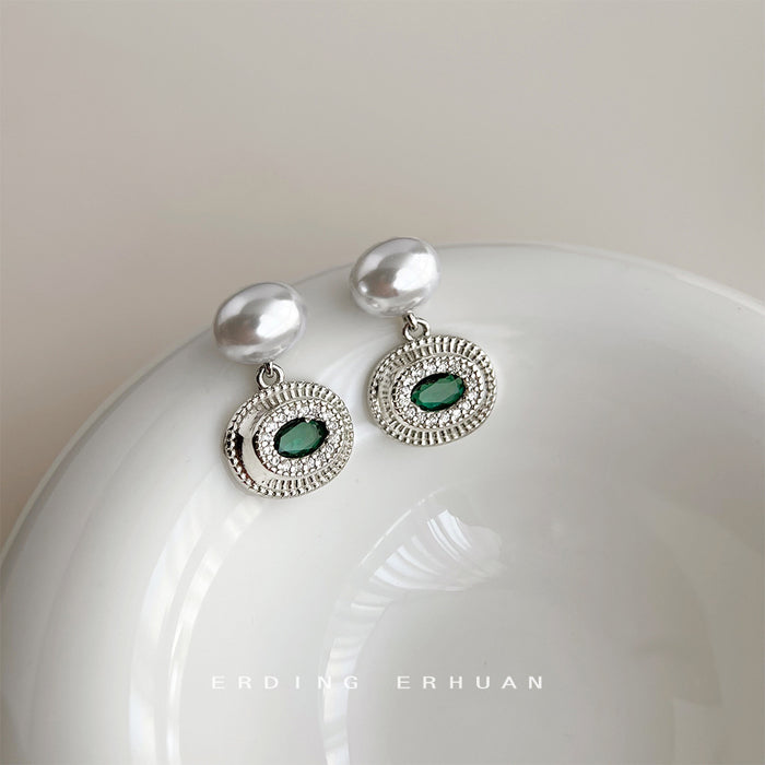 Silver Tone White Pearl Top Green Oval Medallion Drop Earrings