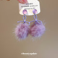 Purple Bow And Fluffy Pompom Earrings - One Style Polished Decorative Design view 2