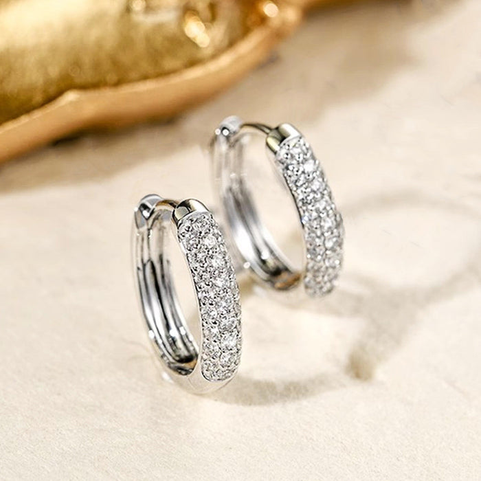 White Gold Double Row CZ Pave Huggie Hoop Earrings