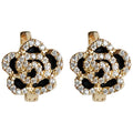 Gold Black Enamel Camellia Crystal Huggie Earrings view 5