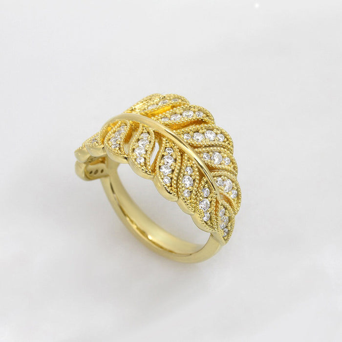 Leaf Feather Pave Finger Ring Gold Rose Gold White Gold