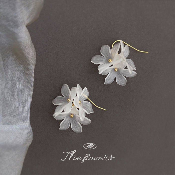 Frosted White Acrylic Flower Drop Earrings Gold Hook