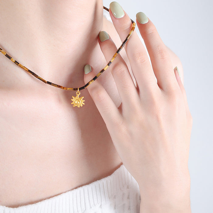 Tiger Eye Tube Bead Necklace Gold Sun Pendant Charm