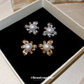 Pearl Center Crystal Petal Stud Earrings in Gold Tone view 3
