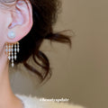 Pearl Stud Earrings With Gold Tone Beaded Fringe Drops view 3