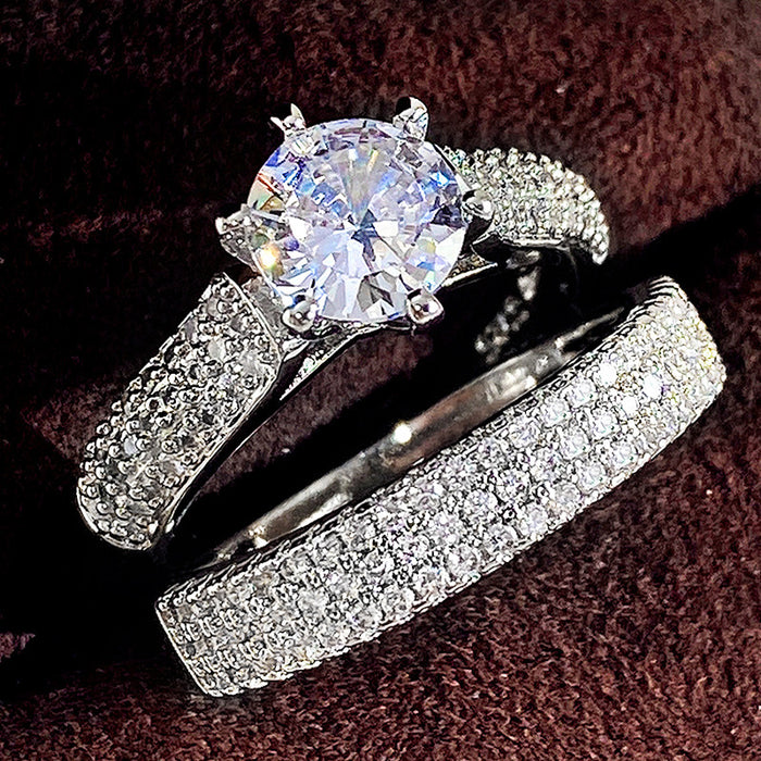 Silver Tone Round Stone Three Band Ring Set with Clear Stone Accents