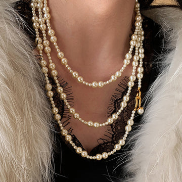 White Faux Pearl Double Strand Long Necklace With Gold Tone Clasps