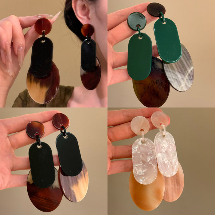 Layered Geometric Resin Drop Earrings in Four Colors
