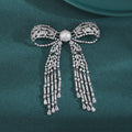 Pearl Center Bow Brooch Crystal Tassels Gold or Silver view 2