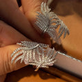 Silver Tone Crystal Feather Leaf Wide Band Ring Polished Metal Jewelry view 3