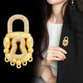 Gold Tone Crystal Heart Keyhole Lock Metal Brooch Pin view 3