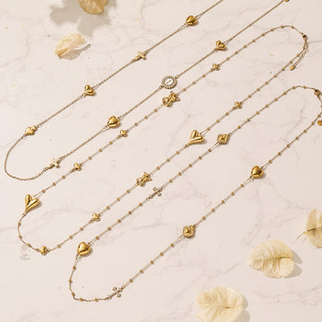 Gold Stainless Steel Heart Bear Cross Long Layered Charm Necklace