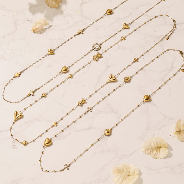 Gold Stainless Steel Heart Bear Cross Long Layered Charm Necklace