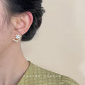 Gold White Enamel Camellia Pave Leaf Jacket Earrings view 2