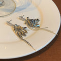 Crystal Wheat Spray Drop Earrings with Long Metal Tassels view 3