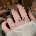 Silver Open Rings with Teardrop Dangle Clear Pink Teal view 1