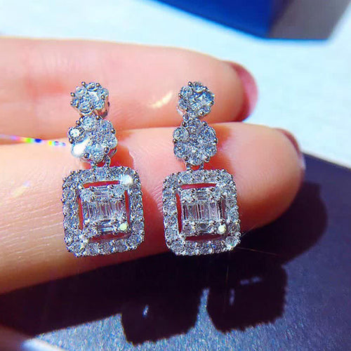 Rectangular Double Halo Crystal Drop Earrings, alternate angle.