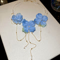 Blue Fabric Flower Statement Necklace with Chain Tassels view 6