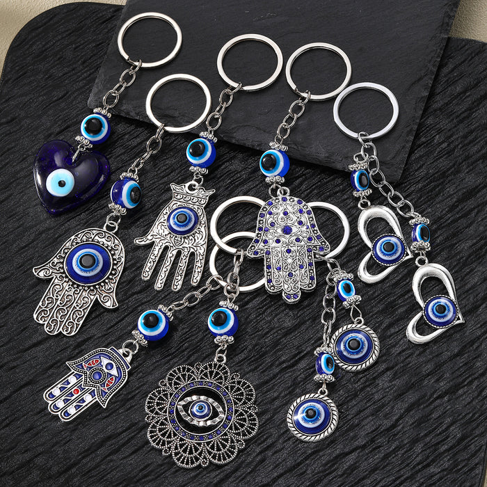 Silver Tone Hamsa Heart and Evil Eye Split Ring Keychains