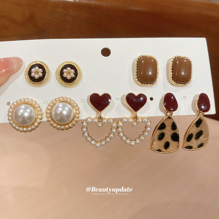 Gold Heart Pearl Square Stud Drop Earring Ten Piece