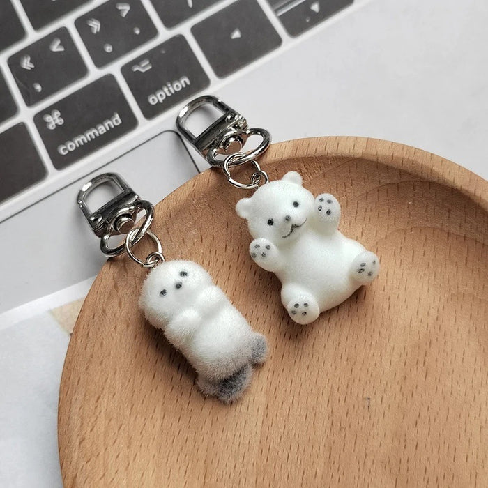 Flocked Otter Polar Bear Keychains Silver Lobster Clasp 2 Styles