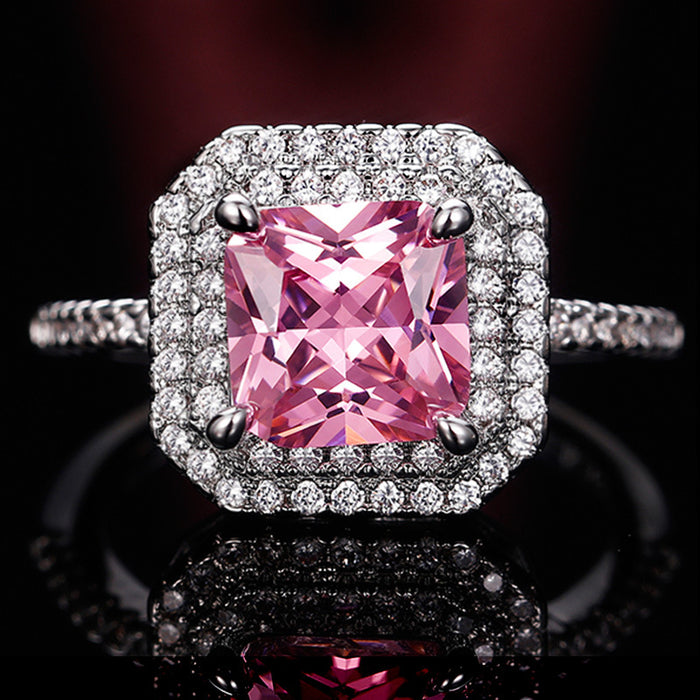 Silver Tone Pink Square Stone Halo Ring Jewelry Design