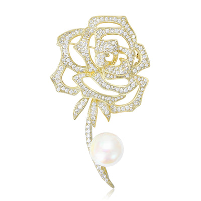 Front view of the crystal openwork rose brooch with pearl drop decorative clothing pin on a white background