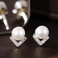 Faux Pearl V-Shape CZ Stud Earrings Gold Silver Tone Metal view 2
