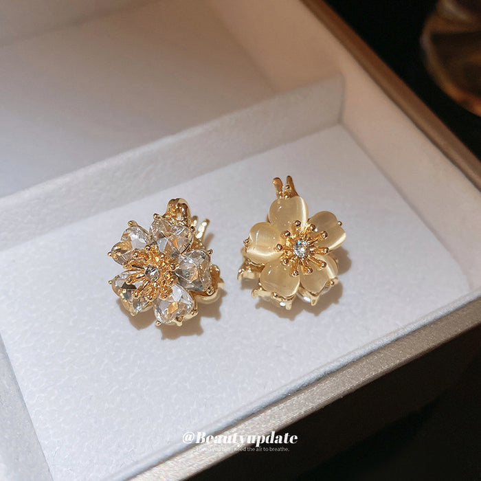 Double Sided Floral Crystal Stud Earrings in Gold Tone