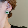 Silver Tone Crystal Flower Stud Earrings With Bright Green Centers view 4