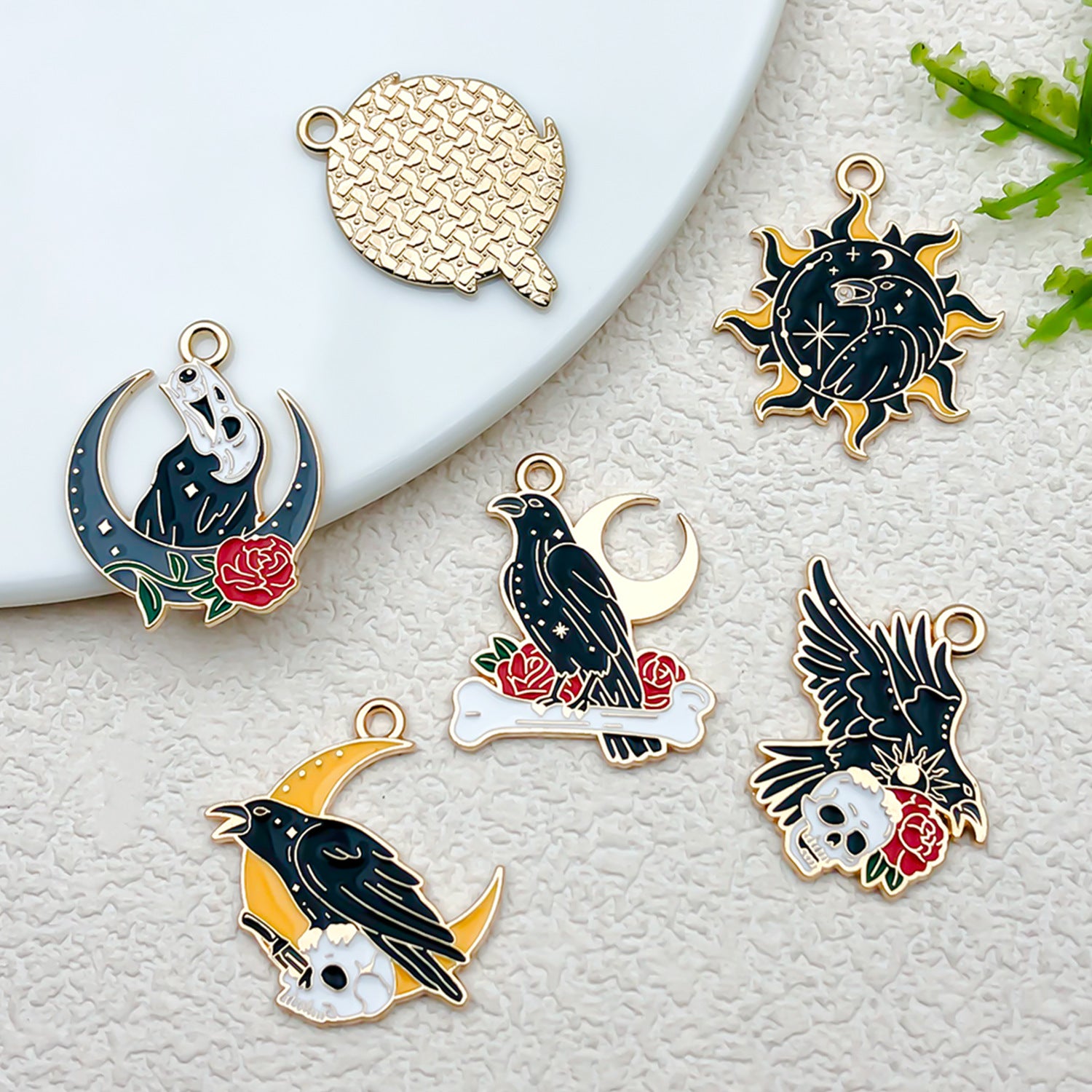 Enamel Zinc Alloy Halloween Sun Moon Flower Crow charm pendants for DIY earrings keychains
