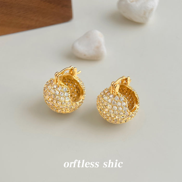 Gold Pave Crystal Domed Bean Huggie Hoop Earrings Pair