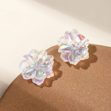 Iridescent Layered Camellia Flower Statement Stud Earrings