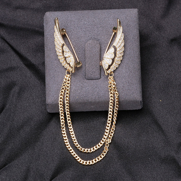 Angel Wing Chain Feather Brooch Gold Rhinestone Dual Pin