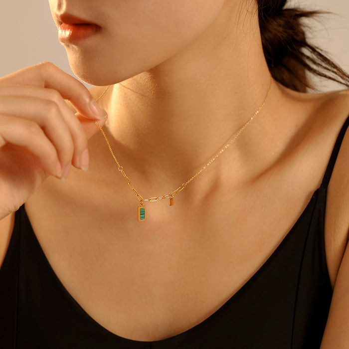 Malachite Rectangle Pendant Necklace Paperclip Link Chain