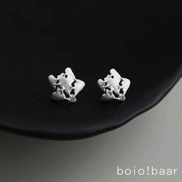 Matte Silver Stitched Star Stud Earrings Openwork Design