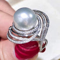 Silver Spiral Pave Crystal Large Pearl Cocktail Ring view 2