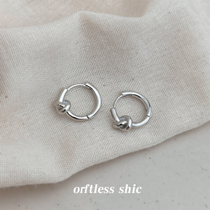 Silver Knot Accent Round Mini Huggie Hoop Earrings