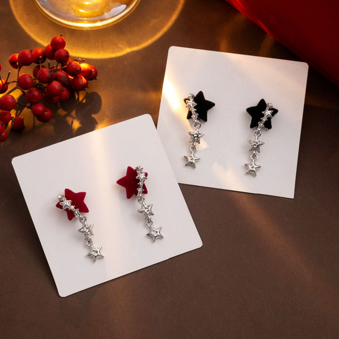 Red Velvet Star Silver Multi Star Tassel Drop Earrings
