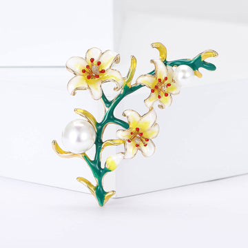 Enamel Lily Branch Brooch Pearl Accent Flower Pin Metal Pin