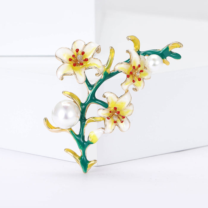 Enamel Lily Branch Brooch Pearl Accent Flower Pin Metal Pin